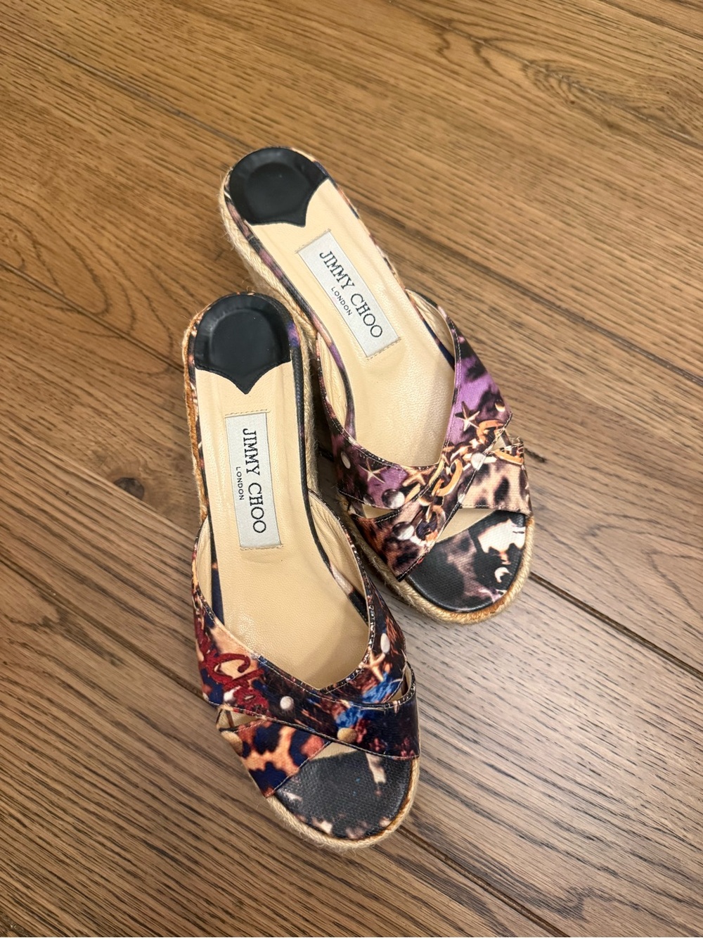 Jimmy Choo Multicolor Animal-Print Wedge Sandals in Purple, Brown and Blue